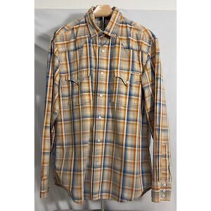 Lucky Brand Western Men's Snap Shirt Large Plaid Blue Beige